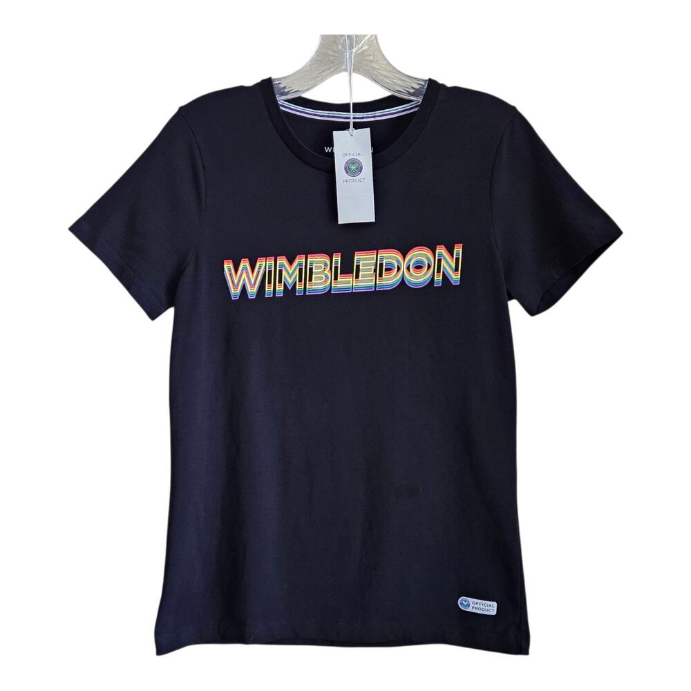 WIMBLEDON Women's S T-Shirt Official Product Black Multicolor Logo Short Slv 34"
